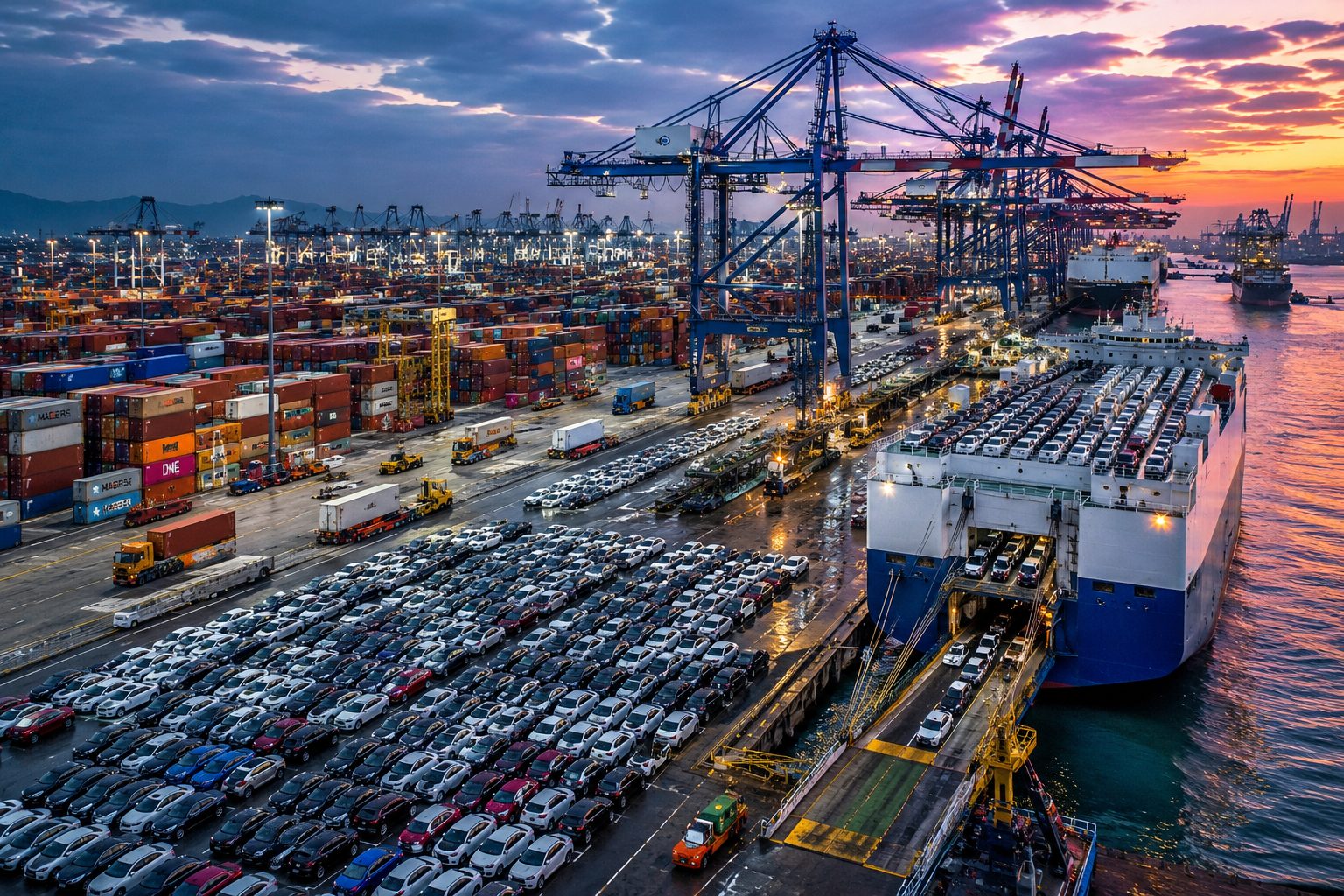 Inspected cars loading onto a RoRo export vessel at a Korean port at dusk